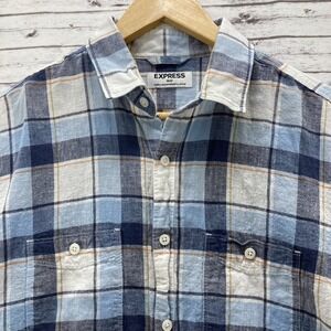 Express Linen Blend Shirt Men's Medium Blue Plaid Long Sleeve Button Up